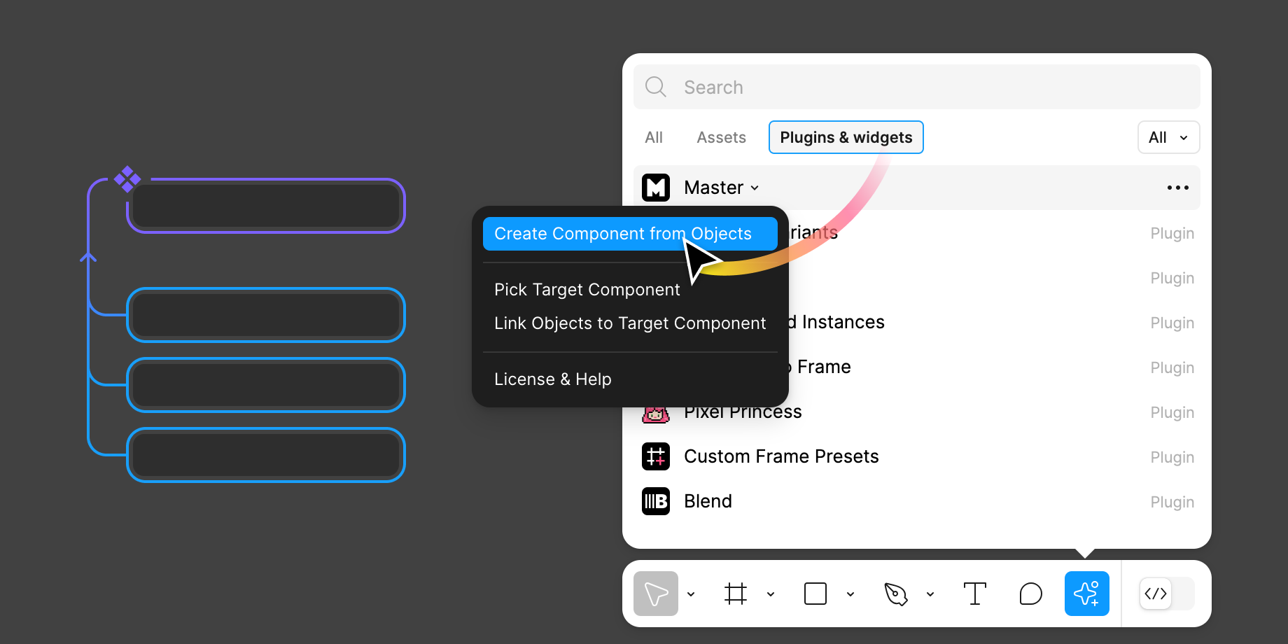 Screenshot showing create component from selected objects menu in Master plugin in Figma