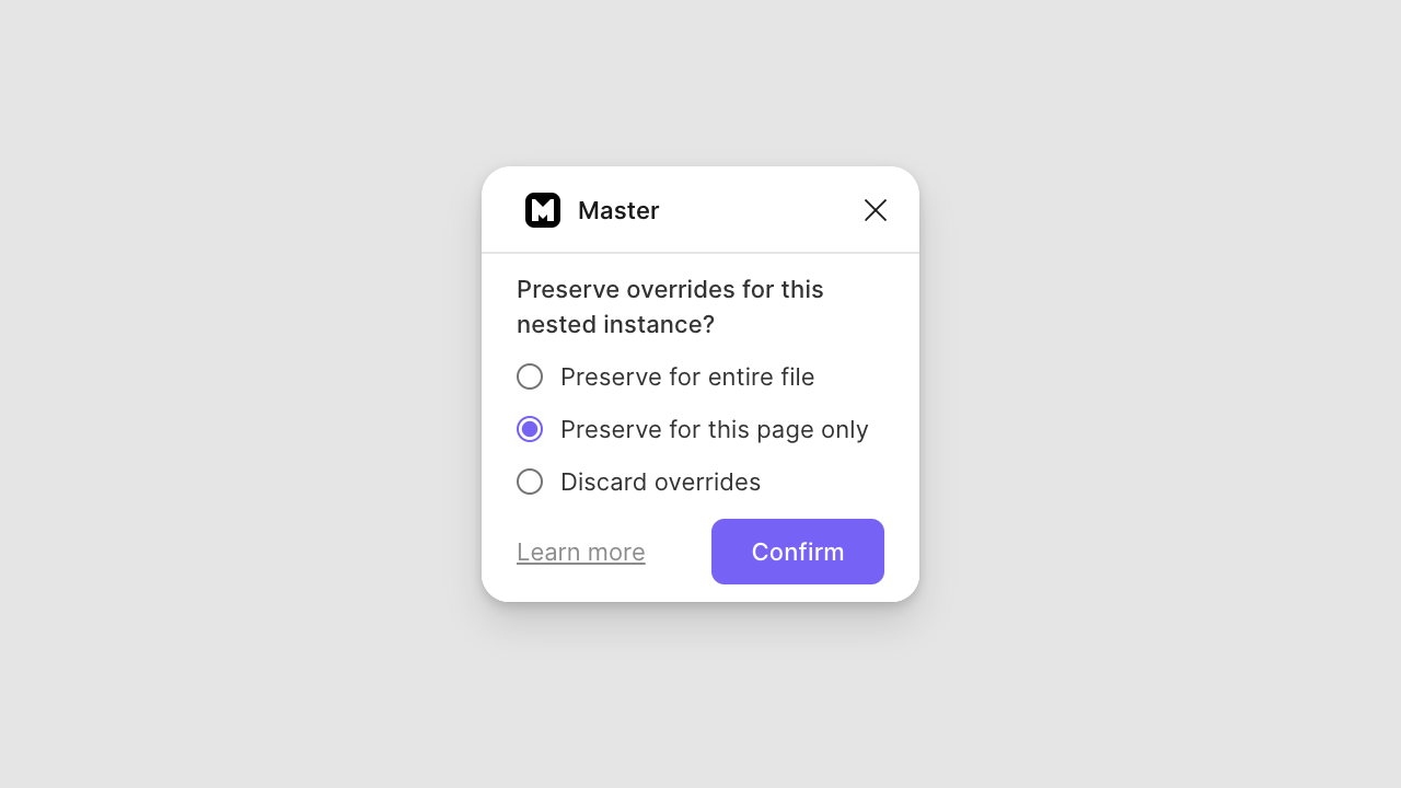 Master plugin window with a dialog showing 3 radio buttons: preserve entire file, only this page, discard overrides.